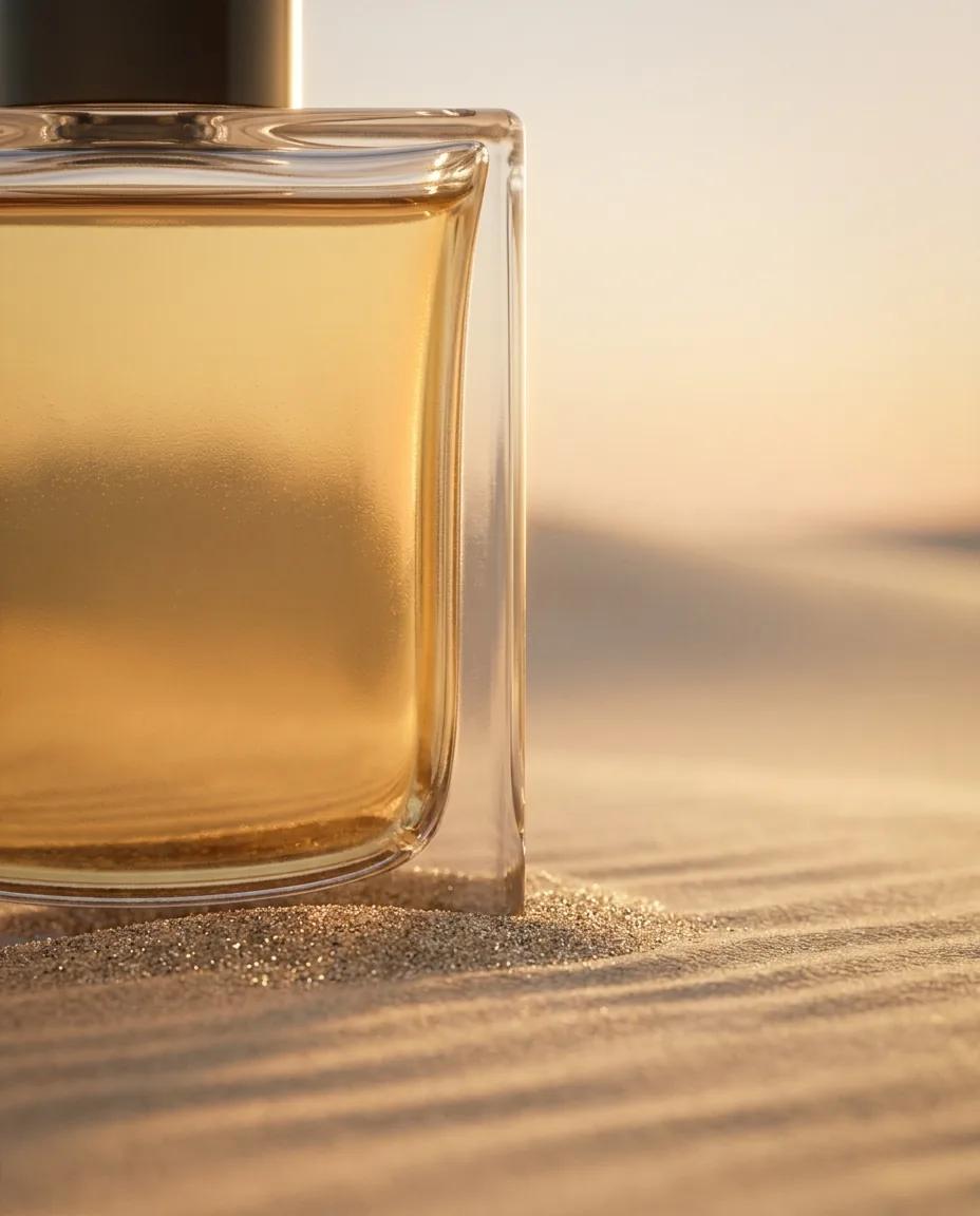 Packshot parfum dans le sable du désert — rendu d’exemple (Nano Banana)