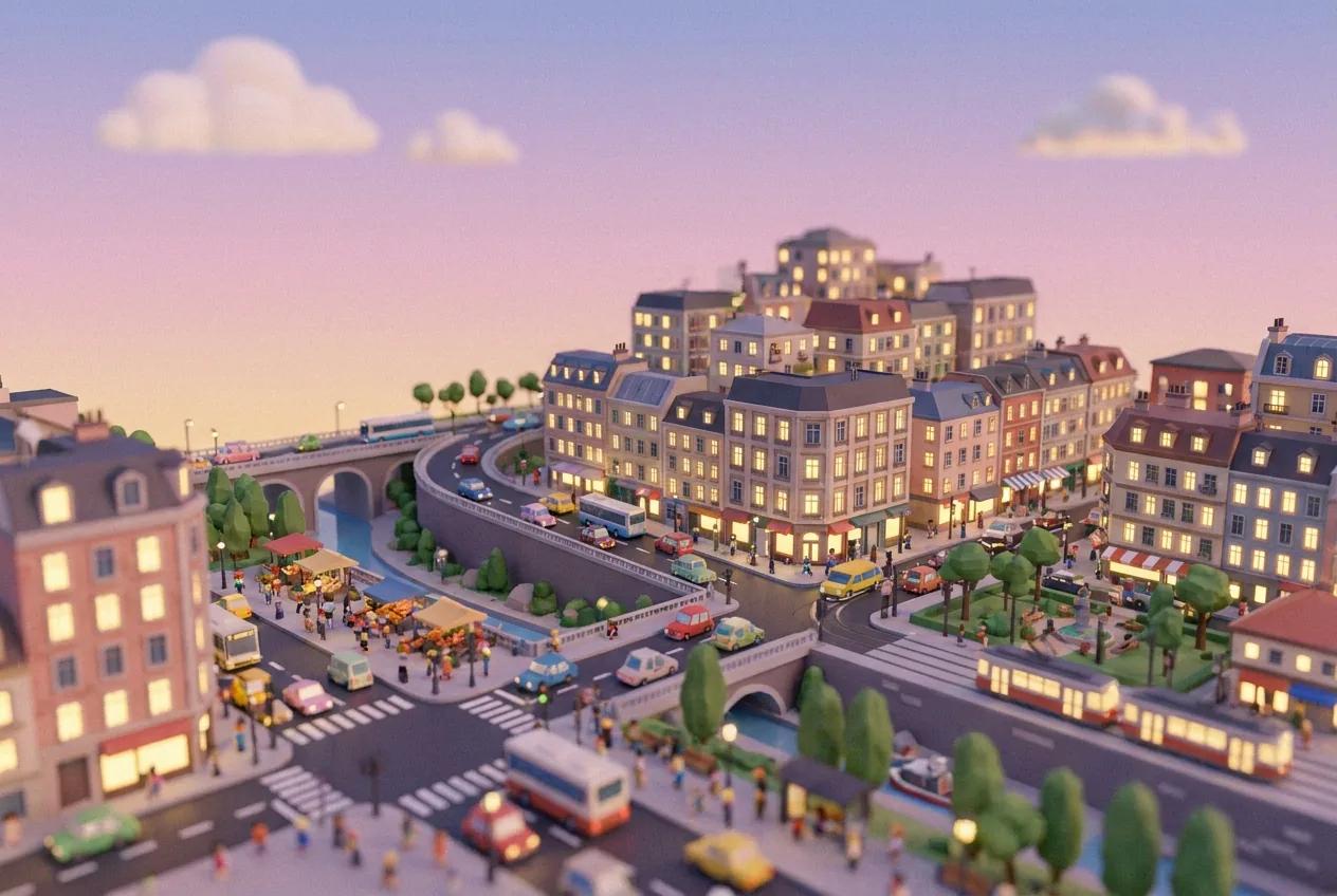 Ville isométrique animée en tilt-shift — rendu d’exemple (Nano Banana)