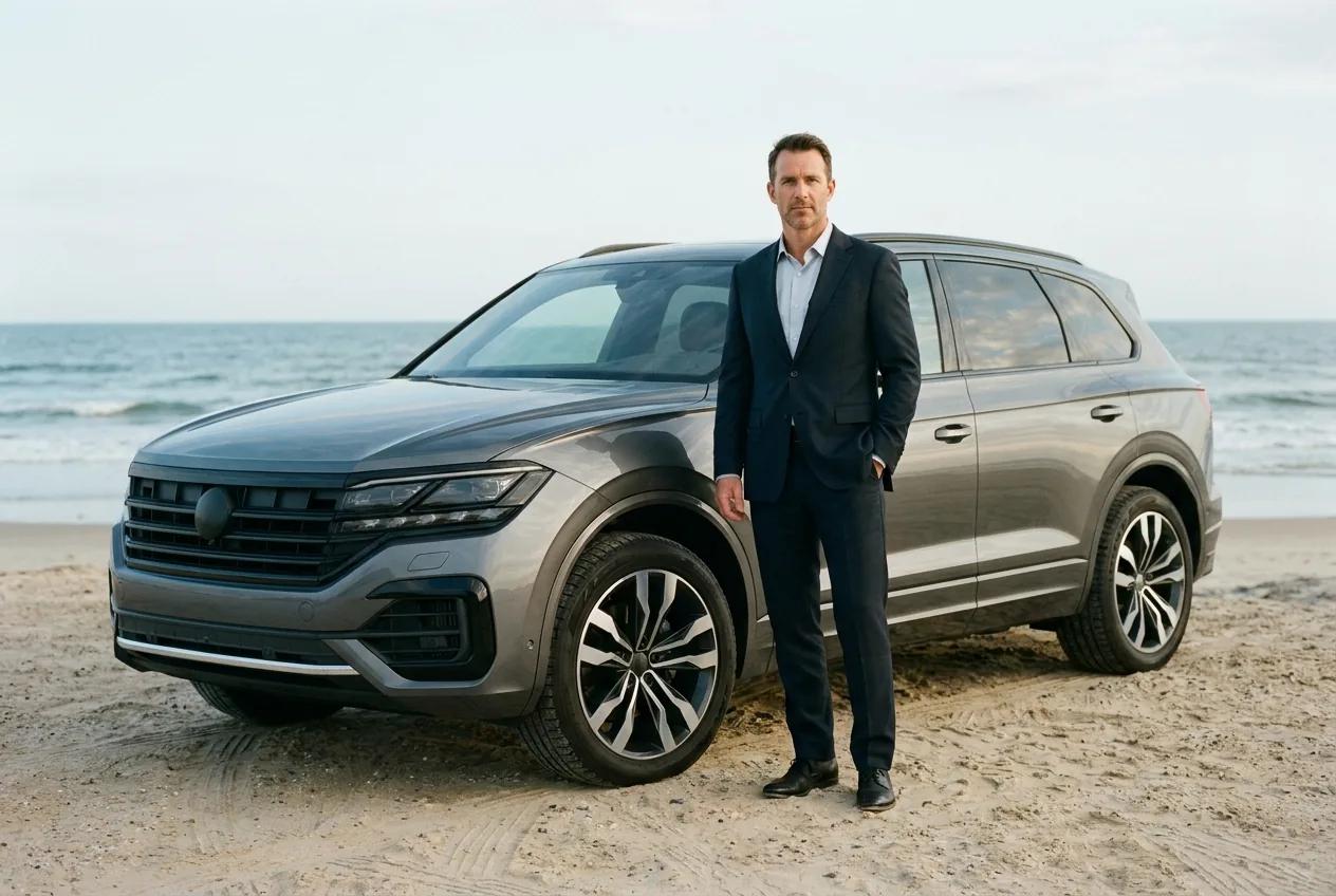 Portrait en costume devant un SUV sur la plage — rendu d’exemple (Nano Banana)