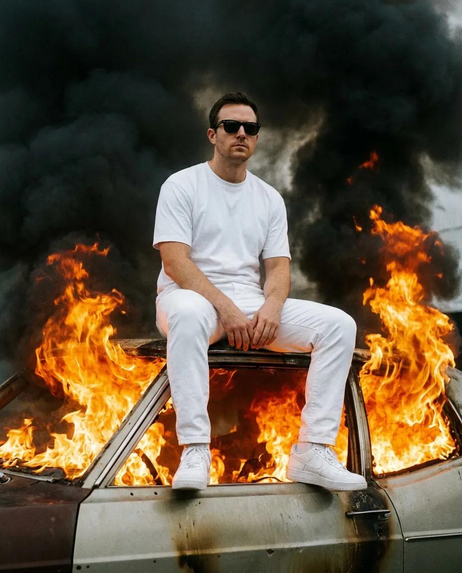 Portrait assis sur une voiture en flammes — rendu d’exemple (Nano Banana)