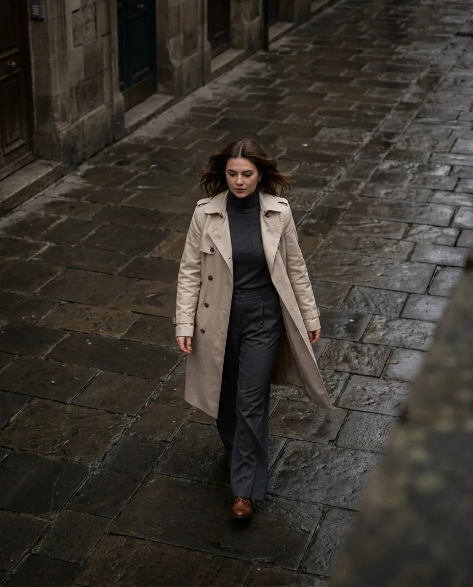 Marche en manteau beige vue en plongée — rendu d’exemple (Nano Banana)