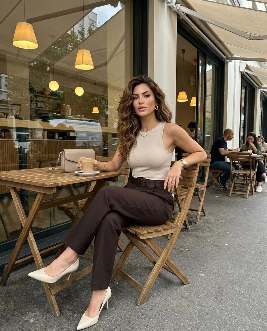 Portrait éditorial en terrasse, tenue chic — rendu d’exemple (Nano Banana)