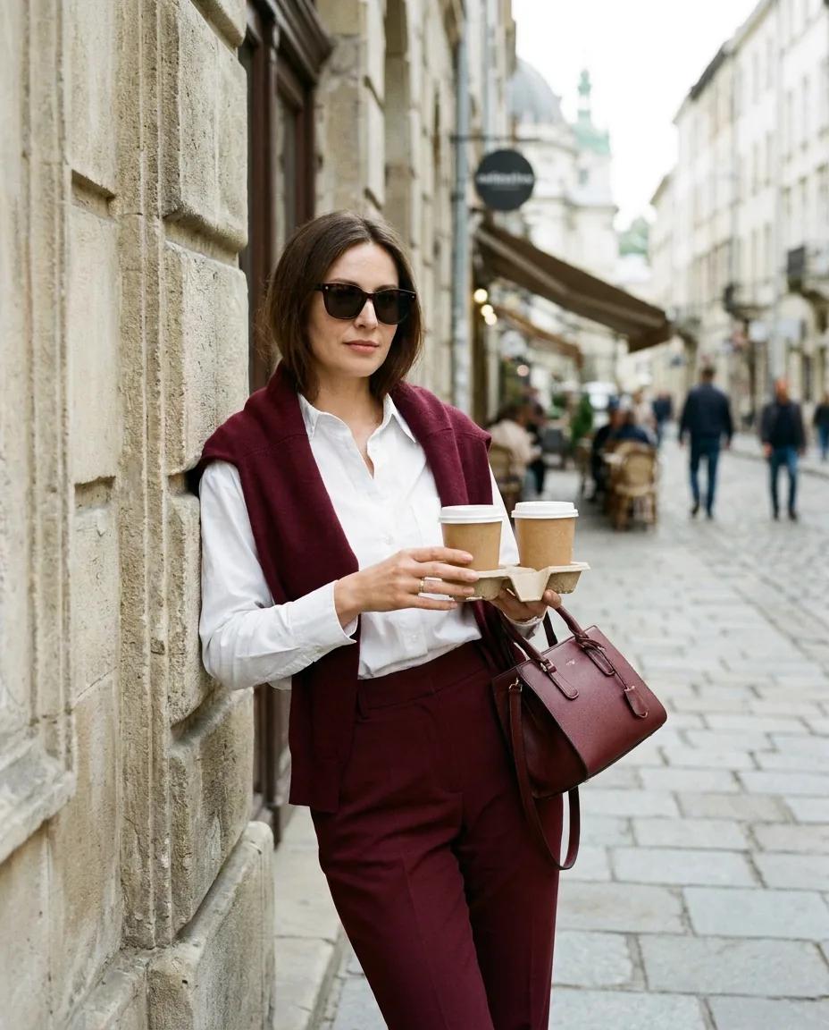 Portrait urbain en look bordeaux — rendu d’exemple (Nano Banana)