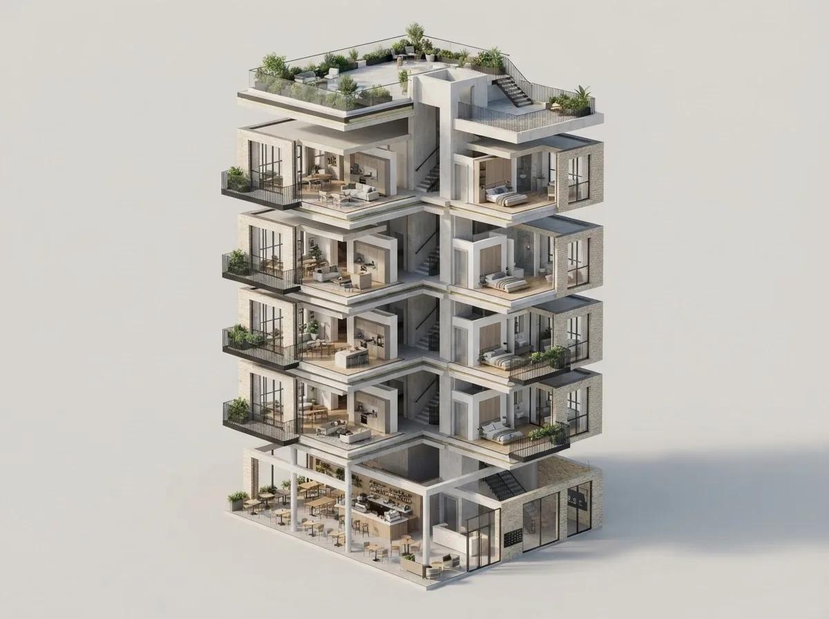 Vue isométrique éclatée d’un bâtiment — rendu d’exemple (GPT Image)