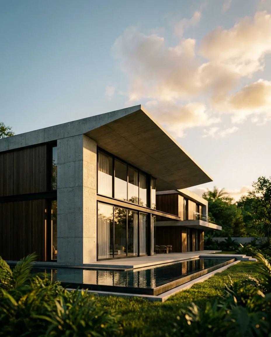 Villa moderne minimaliste à la golden hour — rendu d’exemple (Nano Banana)