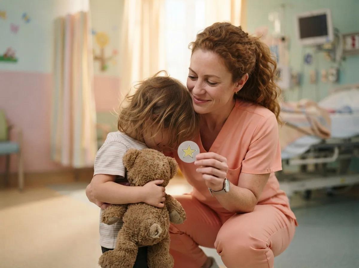 Pédiatre accroupi près d’un enfant — rendu d’exemple (Nano Banana)