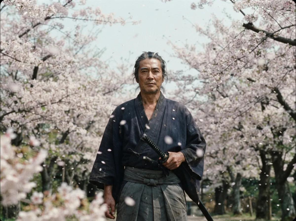 Ronin dans un jardin de cerisiers en vidéo — rendu d’exemple (Kling)