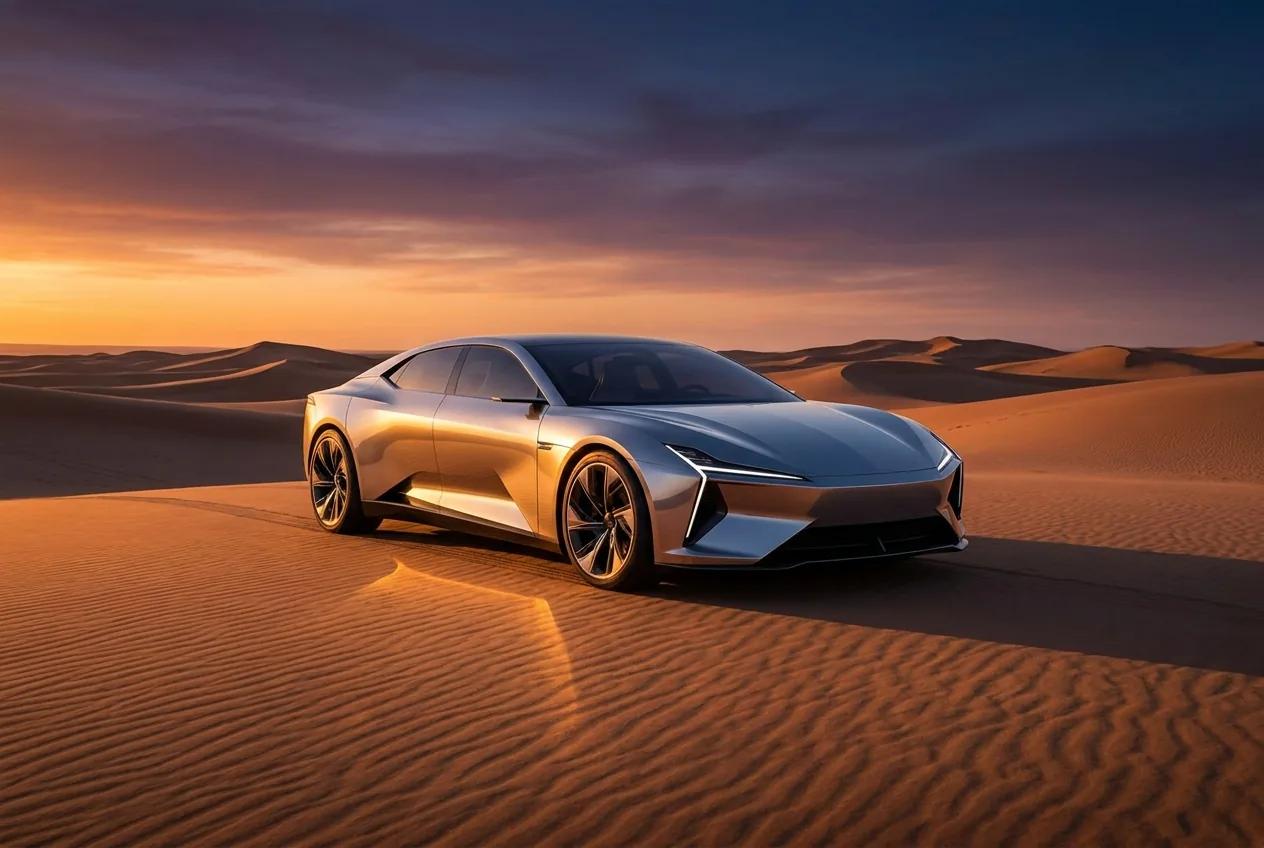 Concept-car de luxe posé dans les dunes — rendu d’exemple (Nano Banana)