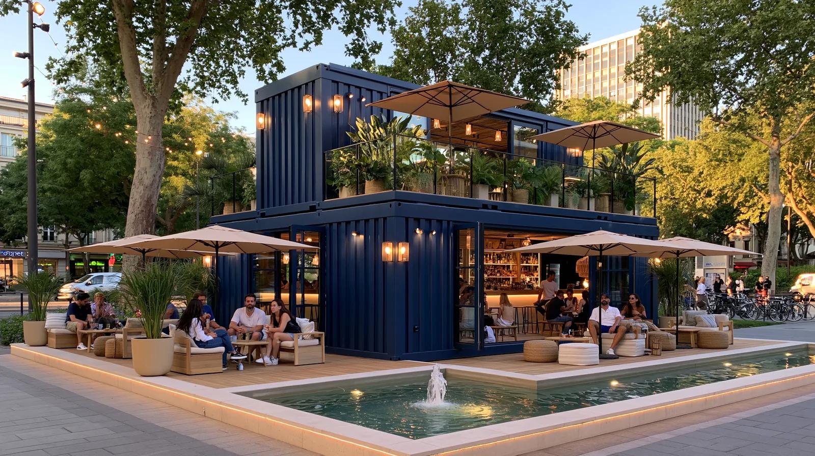 Boutique en containers sur deux niveaux — rendu d’exemple (Midjourney)