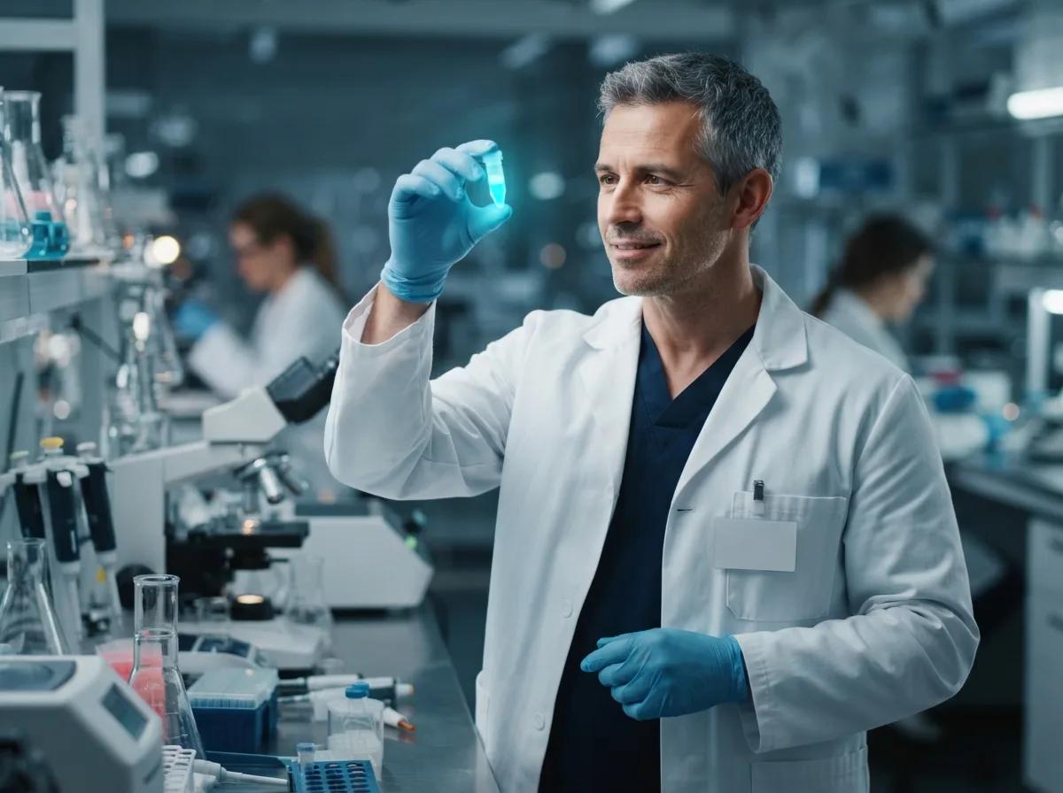 Portrait de chercheur en laboratoire biotech — rendu d’exemple (Nano Banana)