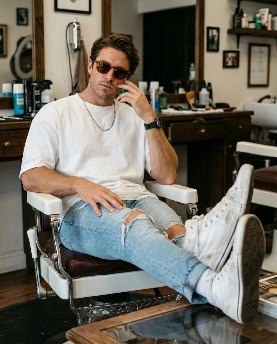 Portrait street-style en fauteuil — rendu d’exemple (Nano Banana)