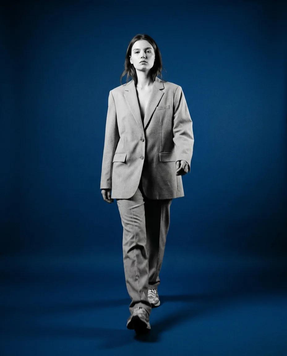 Portrait en pied en blazer gris — rendu d’exemple (Nano Banana)