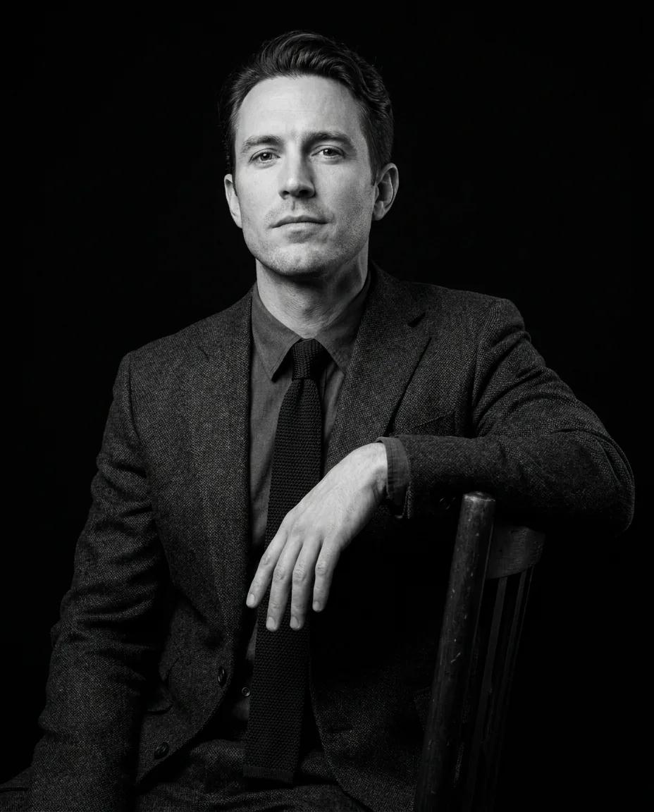 Portrait studio noir et blanc en contre-plongée — rendu d’exemple (Nano Banana)