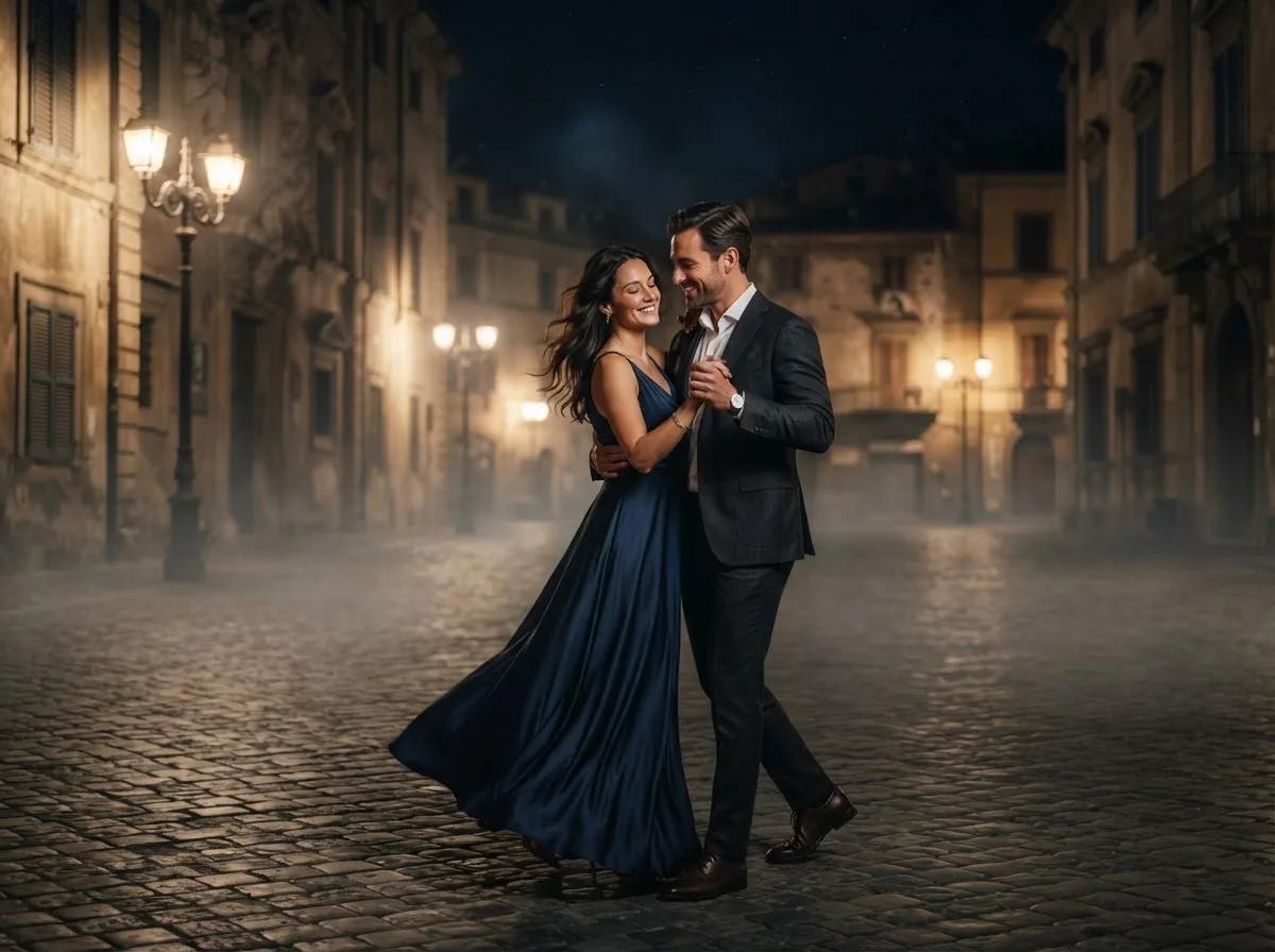 Couple dansant sur une place de nuit — rendu d’exemple (Nano Banana)