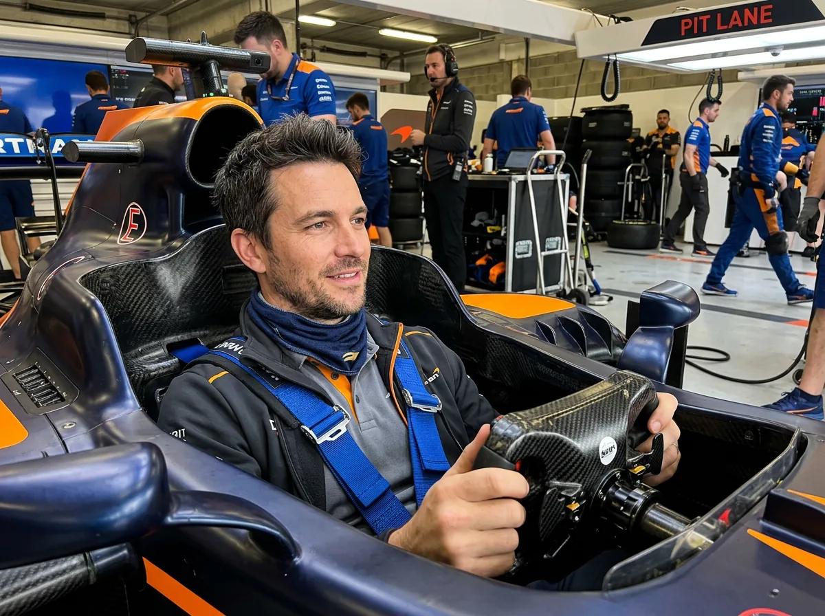 Portrait candide dans un cockpit de Formule 1 — rendu d’exemple (Nano Banana)