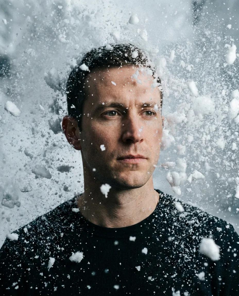 Portrait figé dans une explosion de neige — rendu d’exemple (Nano Banana)