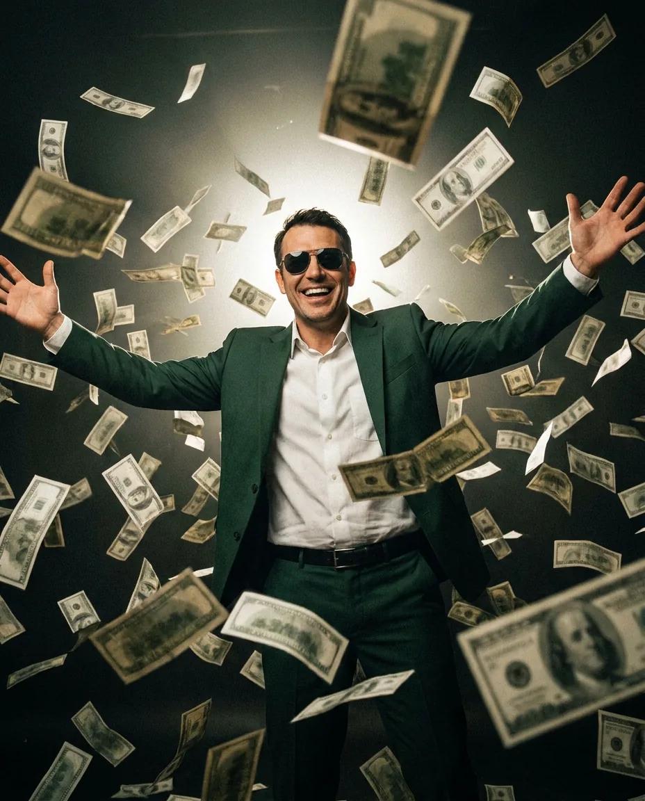 Portrait sous une pluie de billets — rendu d’exemple (Nano Banana)