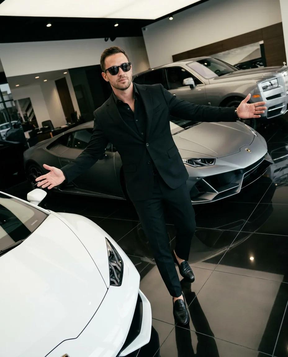 Portrait en showroom automobile de luxe — rendu d’exemple (Nano Banana)