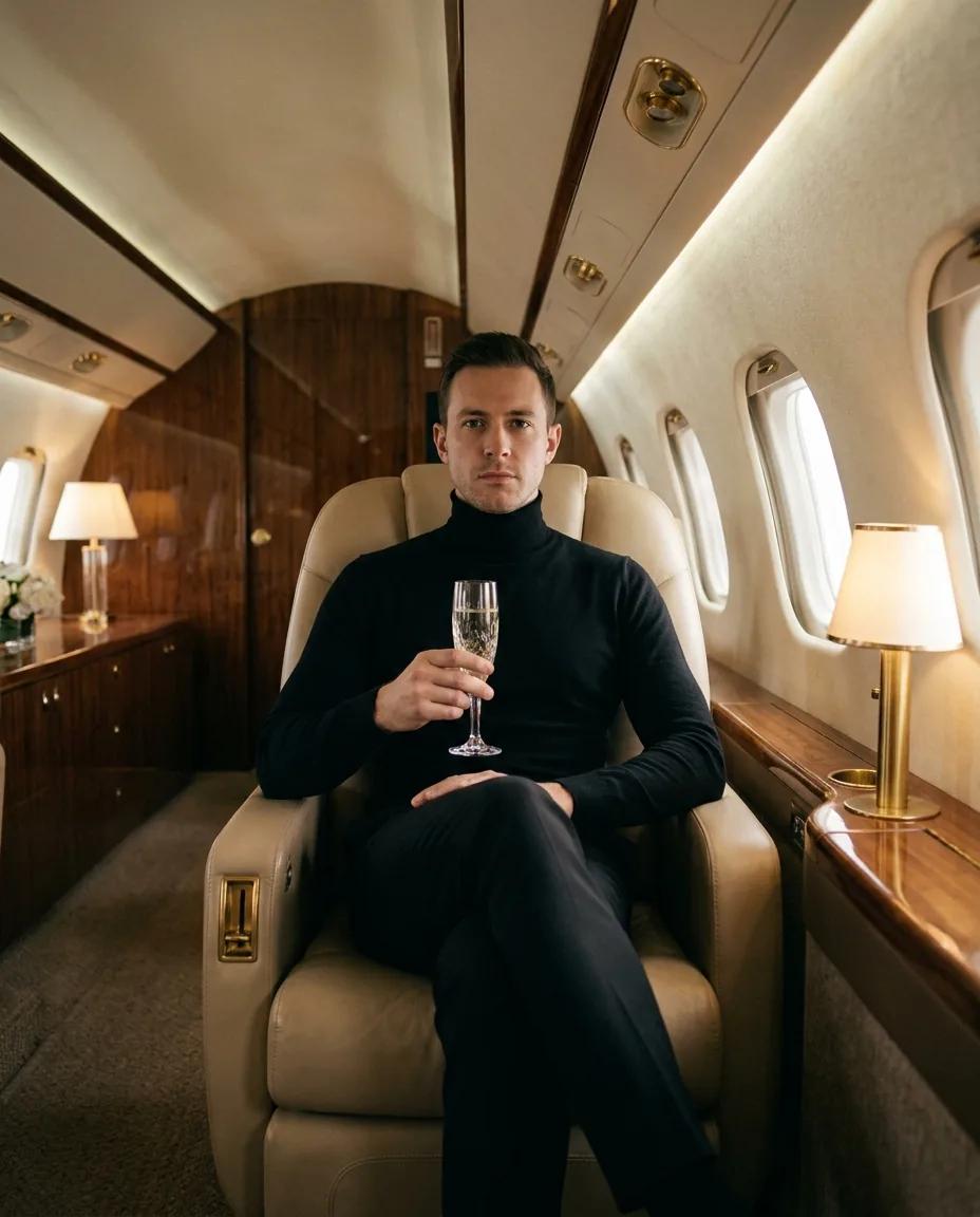 Portrait en pied en jet privé — rendu d’exemple (Nano Banana)