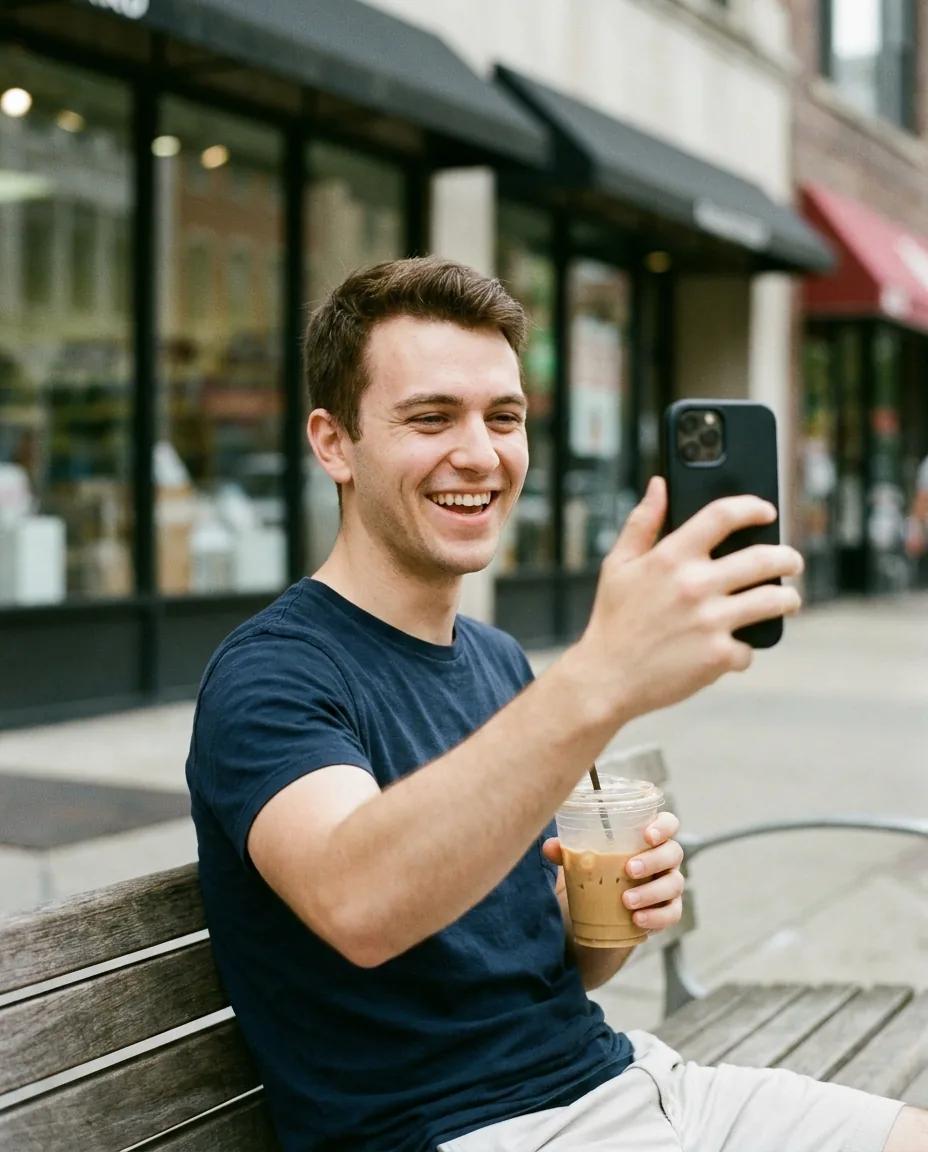 Selfie vidéo sur un banc — rendu d’exemple (Nano Banana)