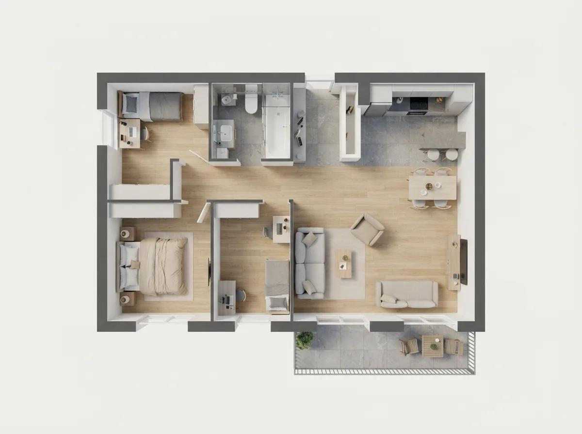 Plan 2D en rendu 3D vu du dessus — rendu d’exemple (Nano Banana)