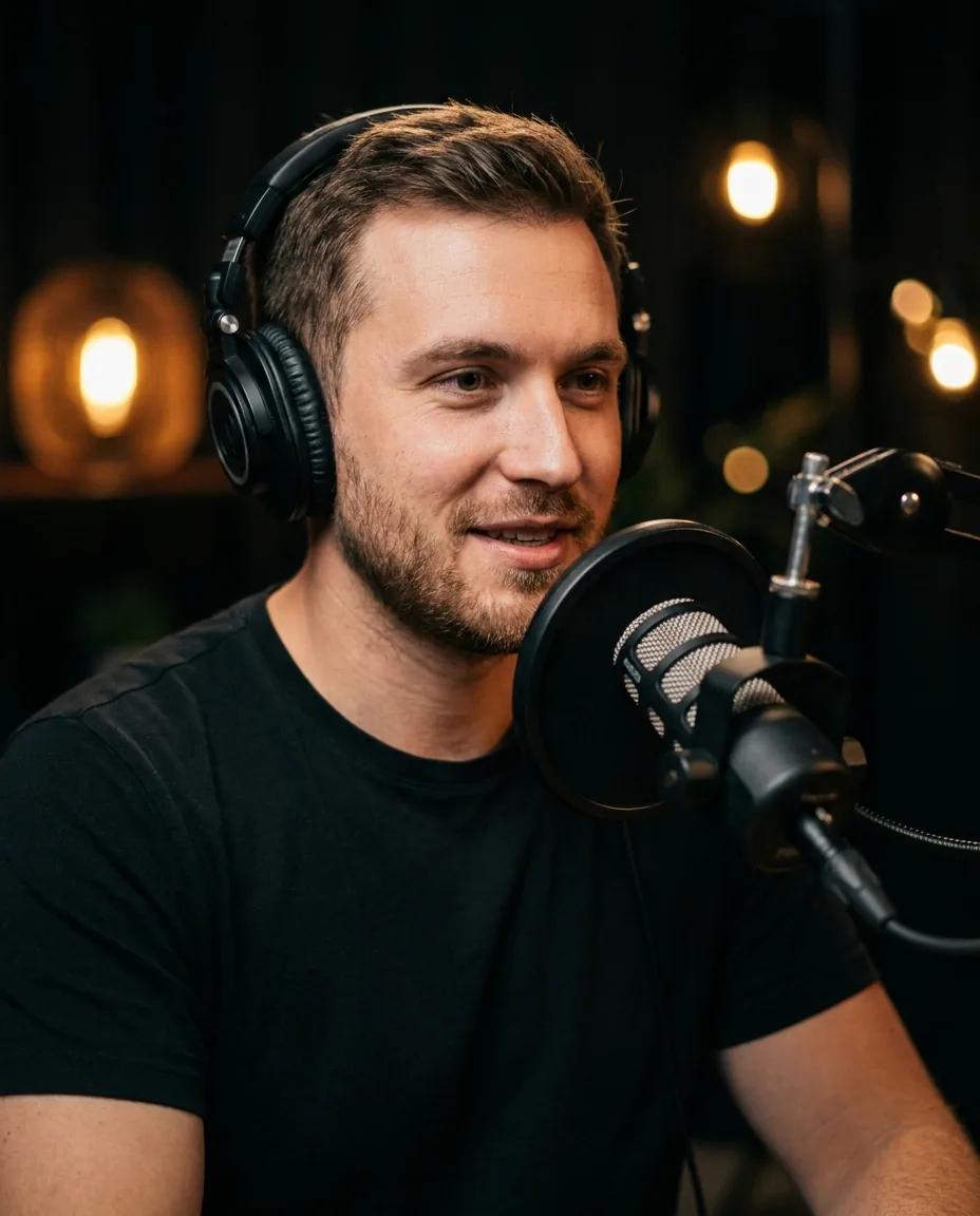 Portrait en studio de podcast — rendu d’exemple (Nano Banana)