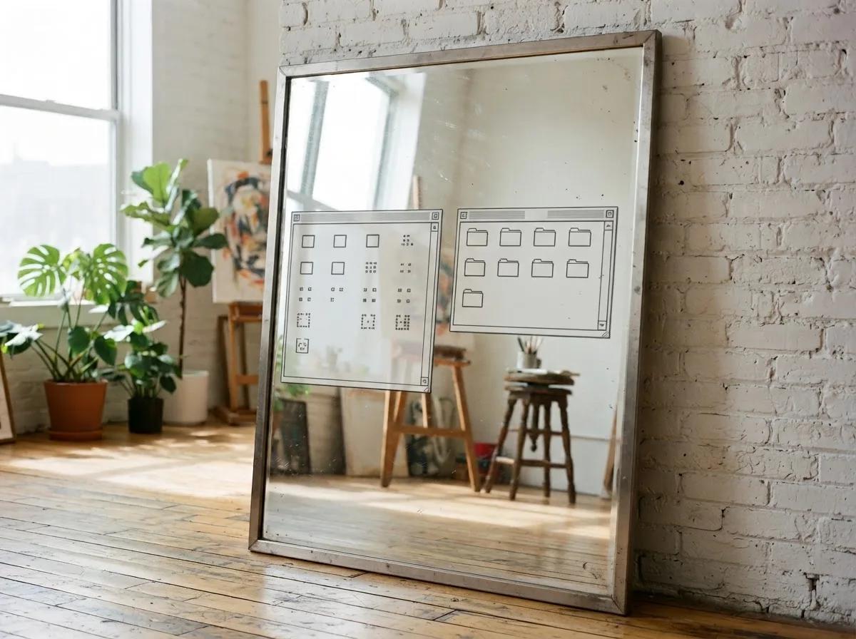 Miroir sur pied à interface rétro — rendu d’exemple (Nano Banana)