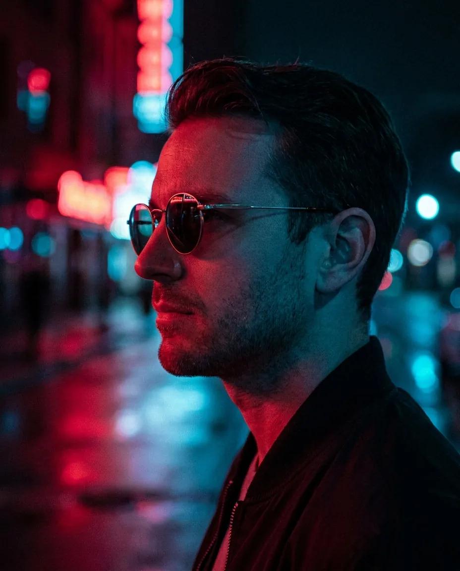 Profil de nuit aux lunettes rondes — rendu d’exemple (Nano Banana)