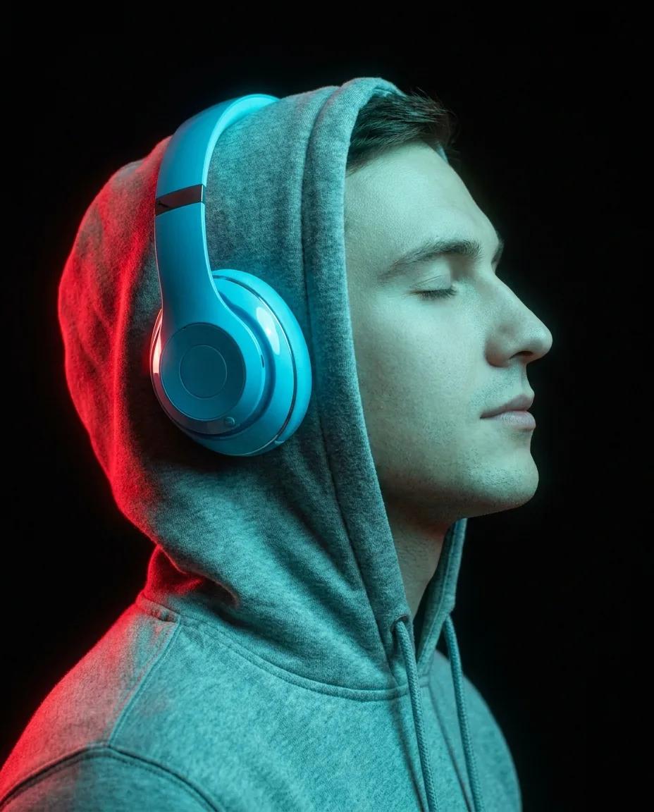 Profil au casque en néons cyan et rouge — rendu d’exemple (Nano Banana)