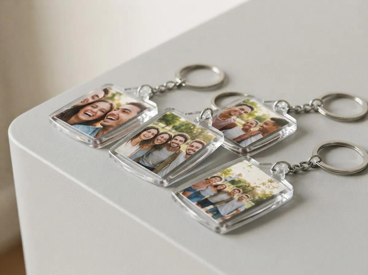 Porte-clés en acrylique avec vos photos de groupe — rendu d’exemple (Nano Banana)