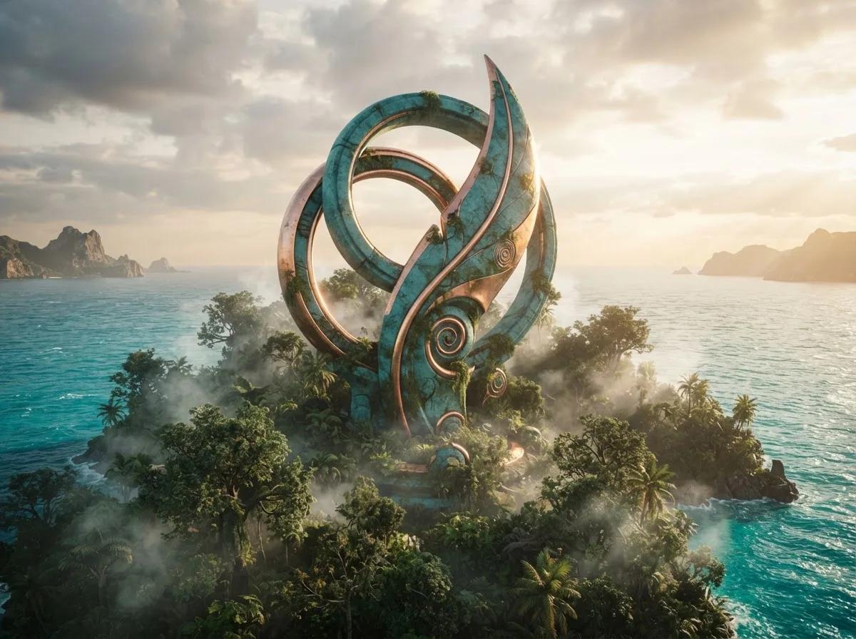 Logo monumental sur une île brumeuse — rendu d’exemple (GPT Image)