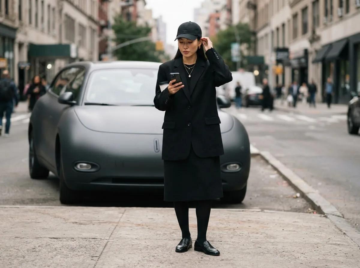 Street style new-yorkais devant un SUV noir — rendu d’exemple (Nano Banana)