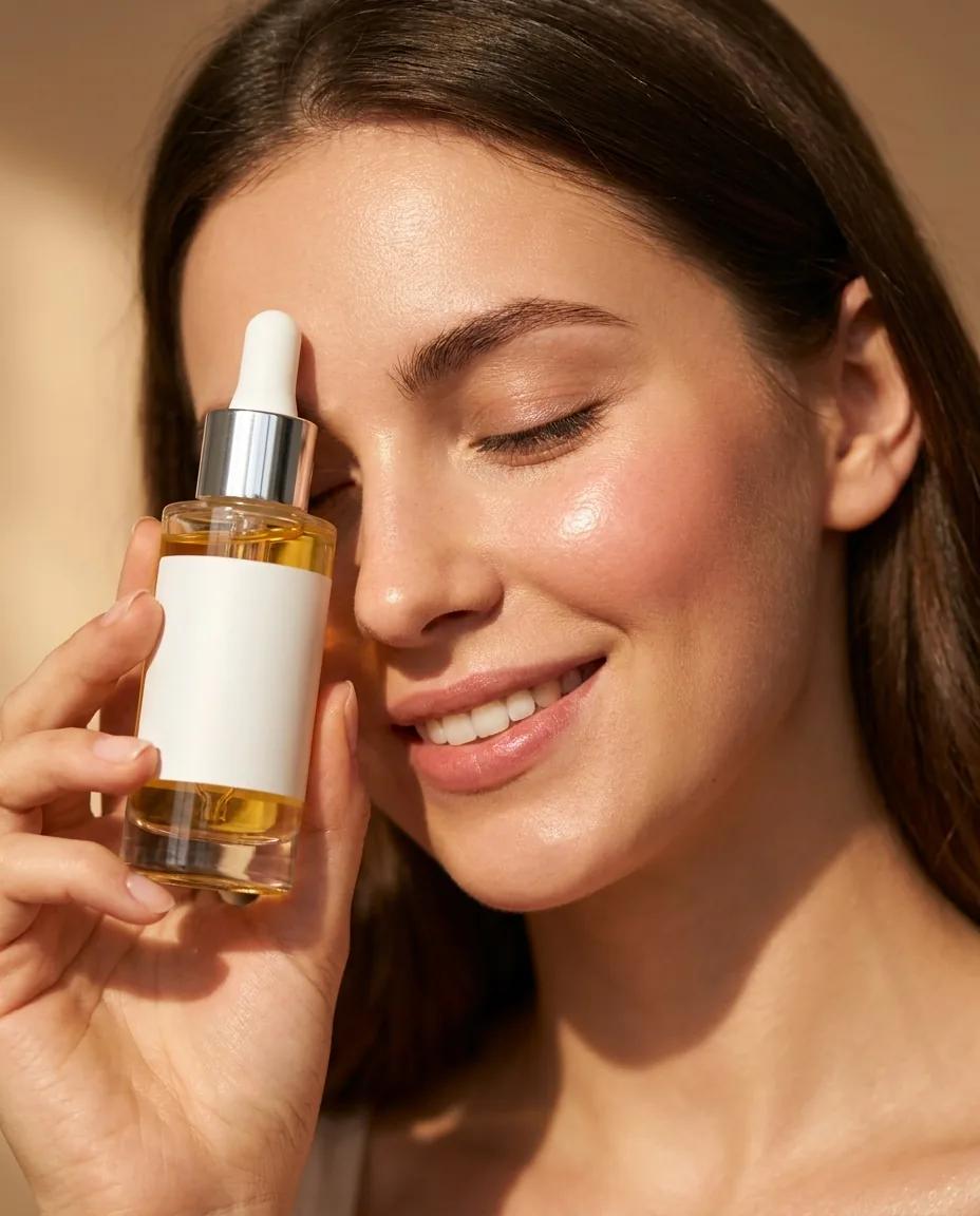 Gros plan beauté avec flacon de sérum — rendu d’exemple (Nano Banana)