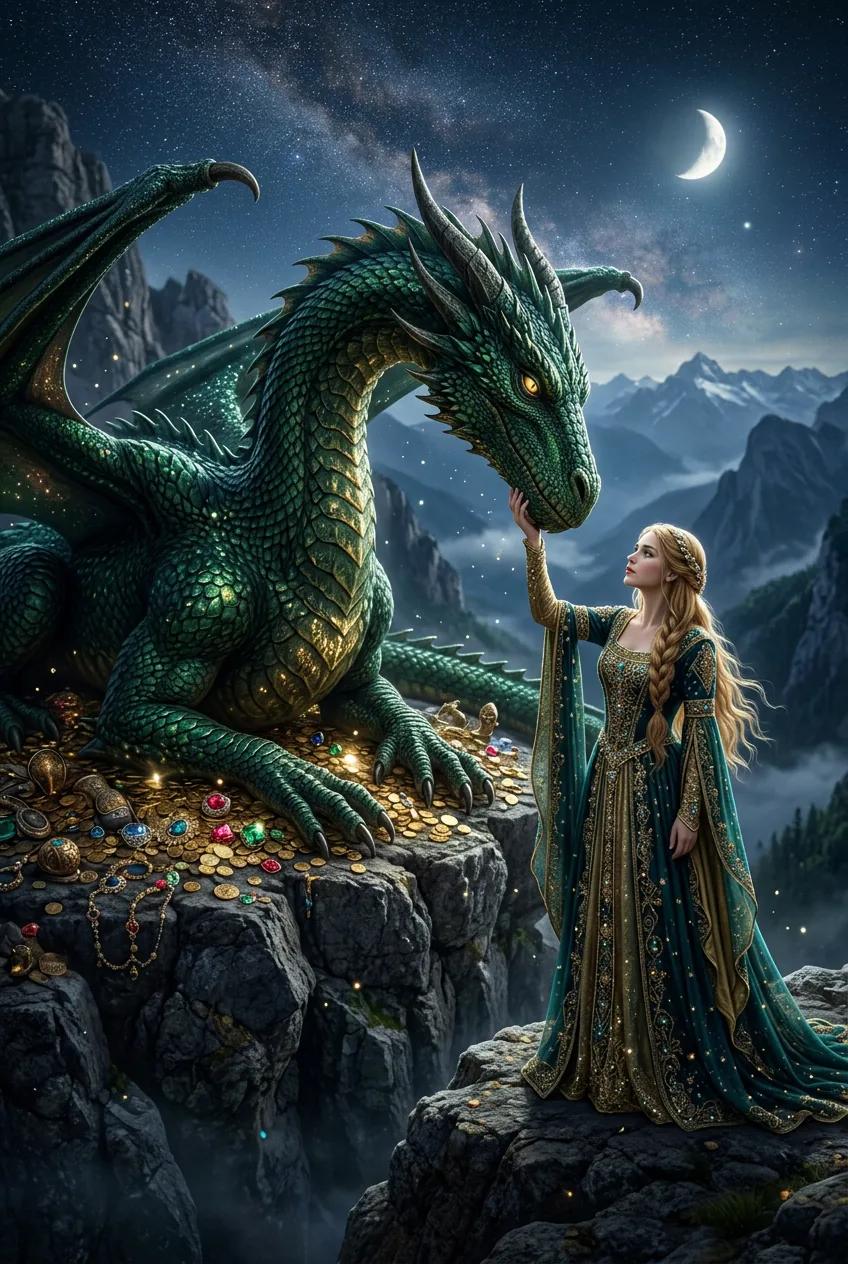 Princesse et dragon émeraude — rendu d’exemple (Nano Banana)