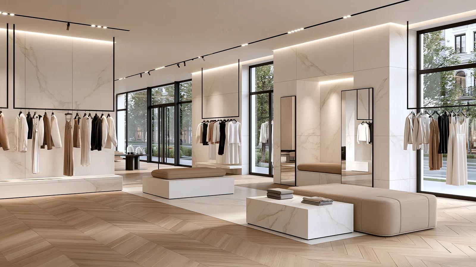 Intérieur de boutique de mode — rendu d’exemple (Midjourney)