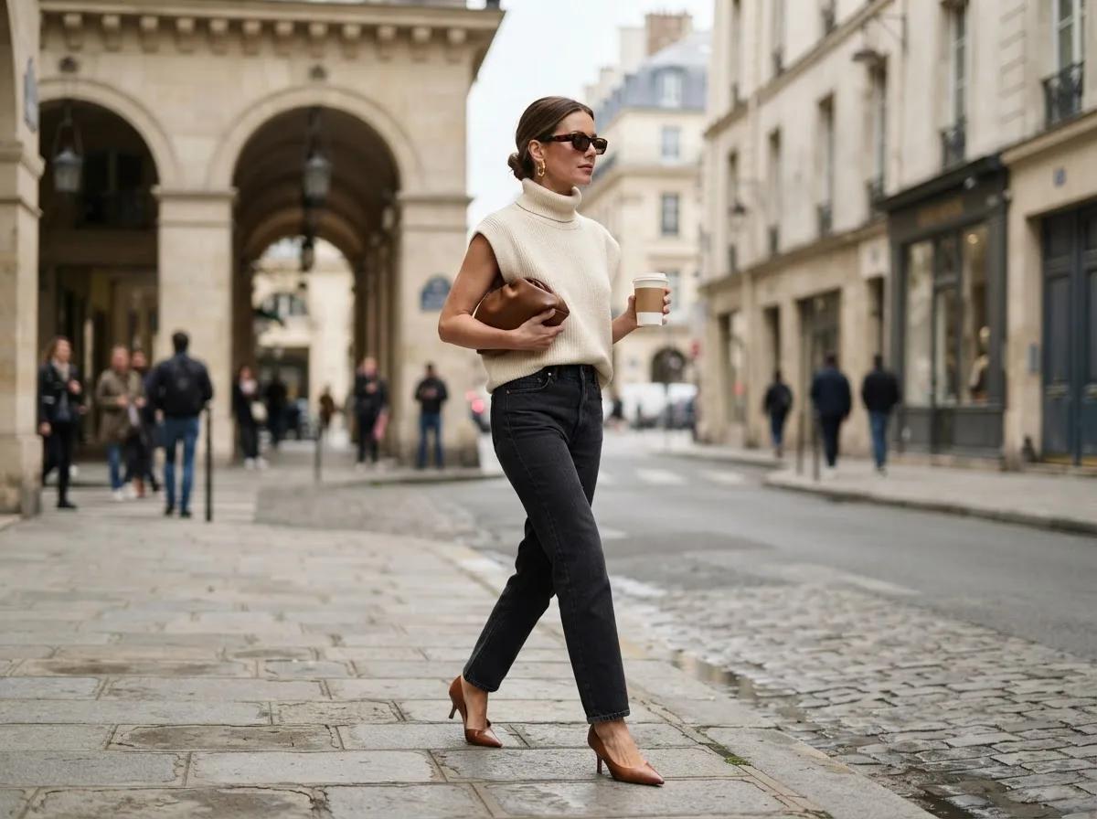 Street style dans une rue européenne en pierre — rendu d’exemple (Nano Banana)