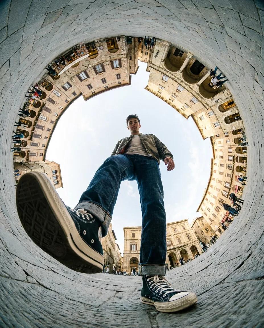 Effet fisheye en contre-plongée — rendu d’exemple (Nano Banana)