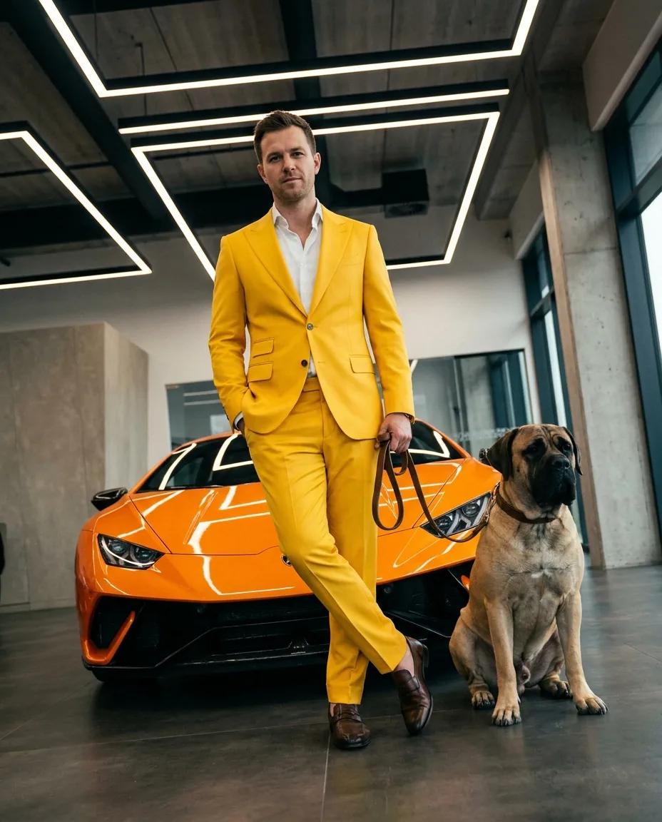 Homme en costume jaune devant une voiture de sport — rendu d’exemple (Nano Banana)