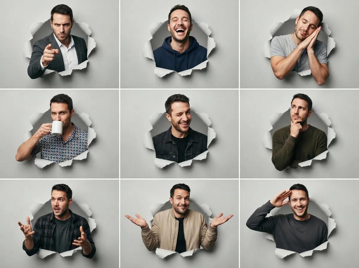 Collage de neuf expressions en grille — rendu d’exemple (GPT Image)