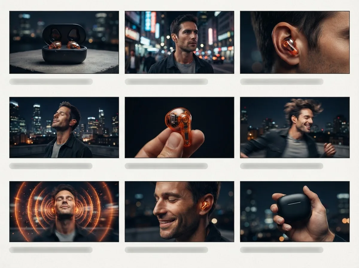 Storyboard publicitaire en neuf cases pour un produit — rendu d’exemple (GPT Image)
