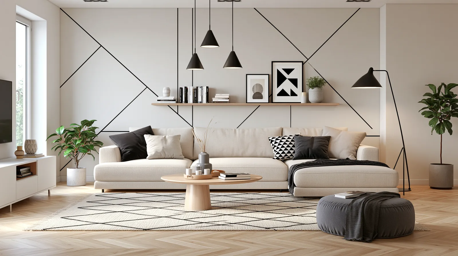 Intérieur haut de gamme à motifs géométriques — rendu 2